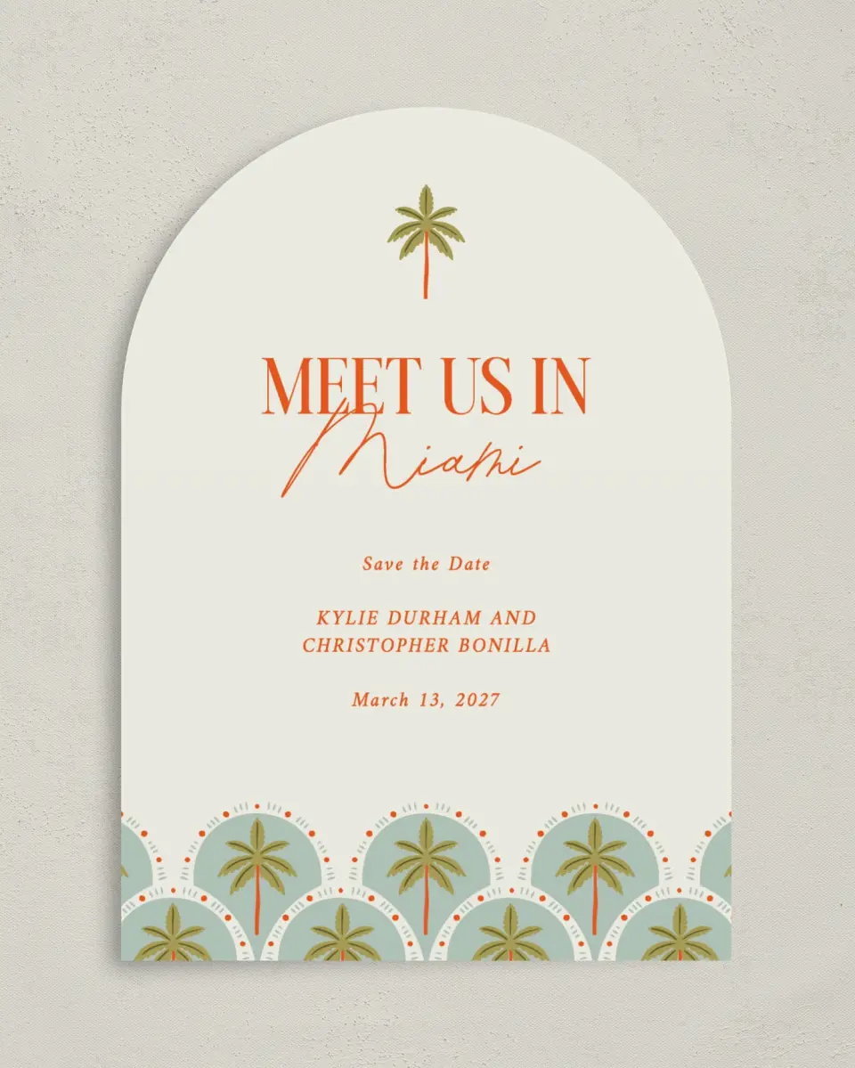 This is a 5" x 7" Arch Save the Date called Tropical Treasure printed in full color with Gold foil on Premium Smooth paper