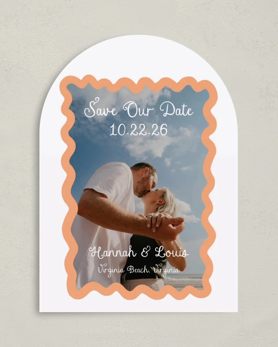 This is a 5" x 7" Arch Save the Date called Wavy Love printed in full color with Gold foil on Premium Smooth paper