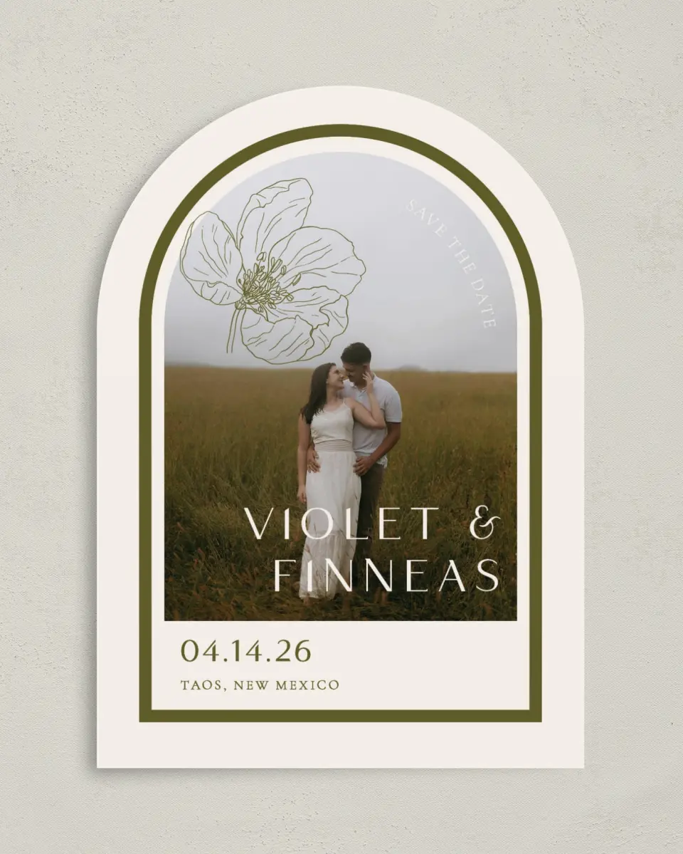 This is a 5" x 7" Arch Save the Date called Delicate Love printed in full color with Gold foil on Premium Smooth paper