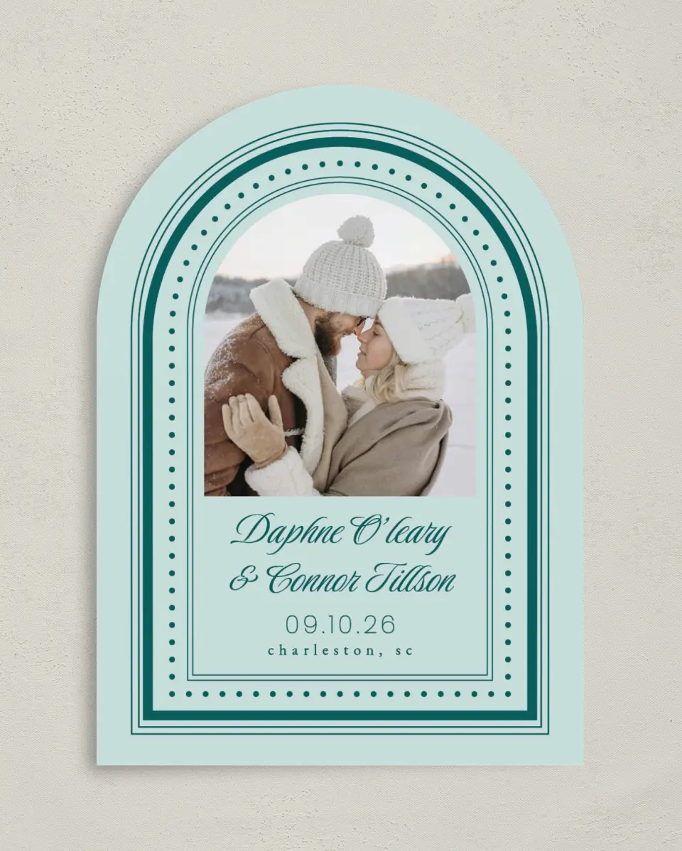 This is a 5" x 7" Arch Save the Date called Faithful Frame printed in full color with Gold foil on Premium Smooth paper