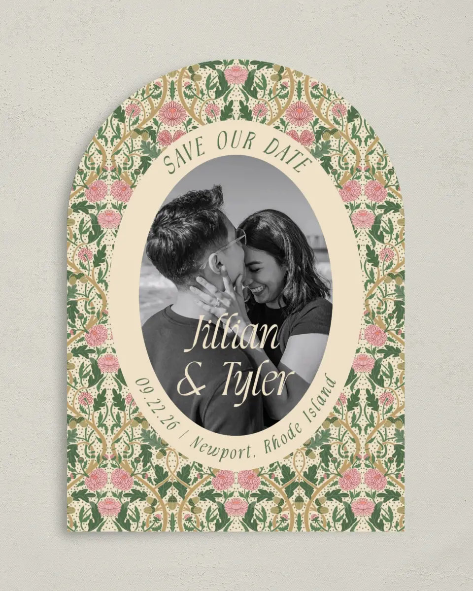 This is a 5" x 7" Arch Save the Date called Regal Garden printed in full color with Gold foil on Premium Smooth paper