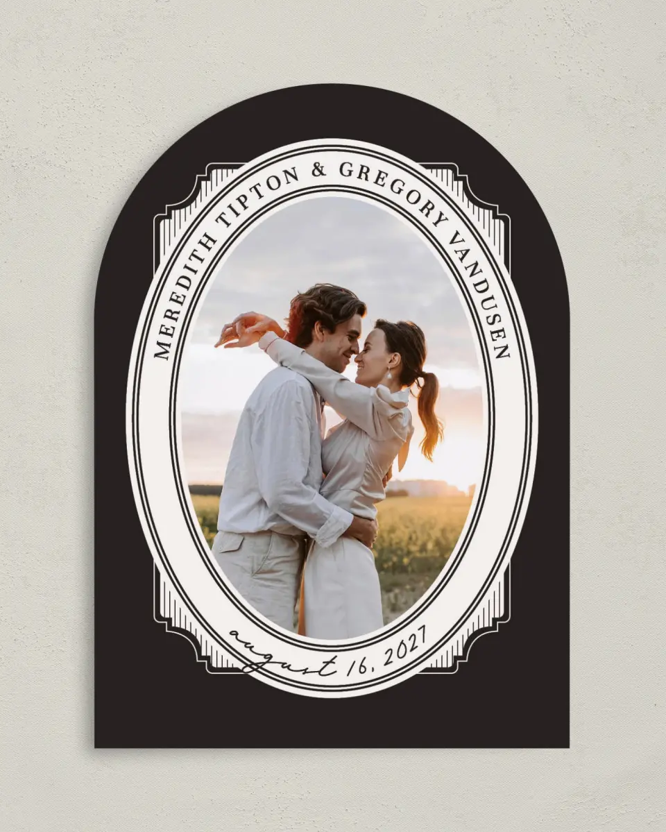 This is a 5" x 7" Arch Save the Date called Opulent Endearment printed in full color with Gold foil on Premium Smooth paper