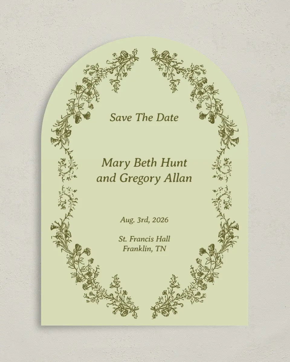 This is a 5" x 7" Arch Save the Date called Vintage Chinoiserie printed in full color with Gold foil on Premium Smooth paper