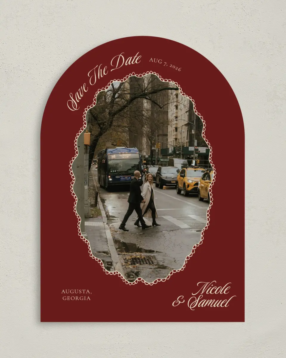 This is a 5" x 7" Arch Save the Date called Bloom & Crest printed in full color with Gold foil on Premium Smooth paper