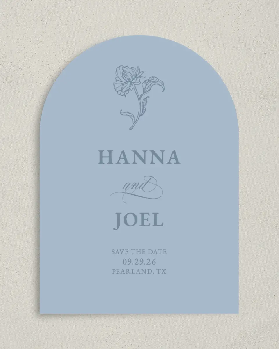 This is a 5" x 7" Arch Save the Date called Pressed Petals printed in full color on Premium Smooth paper