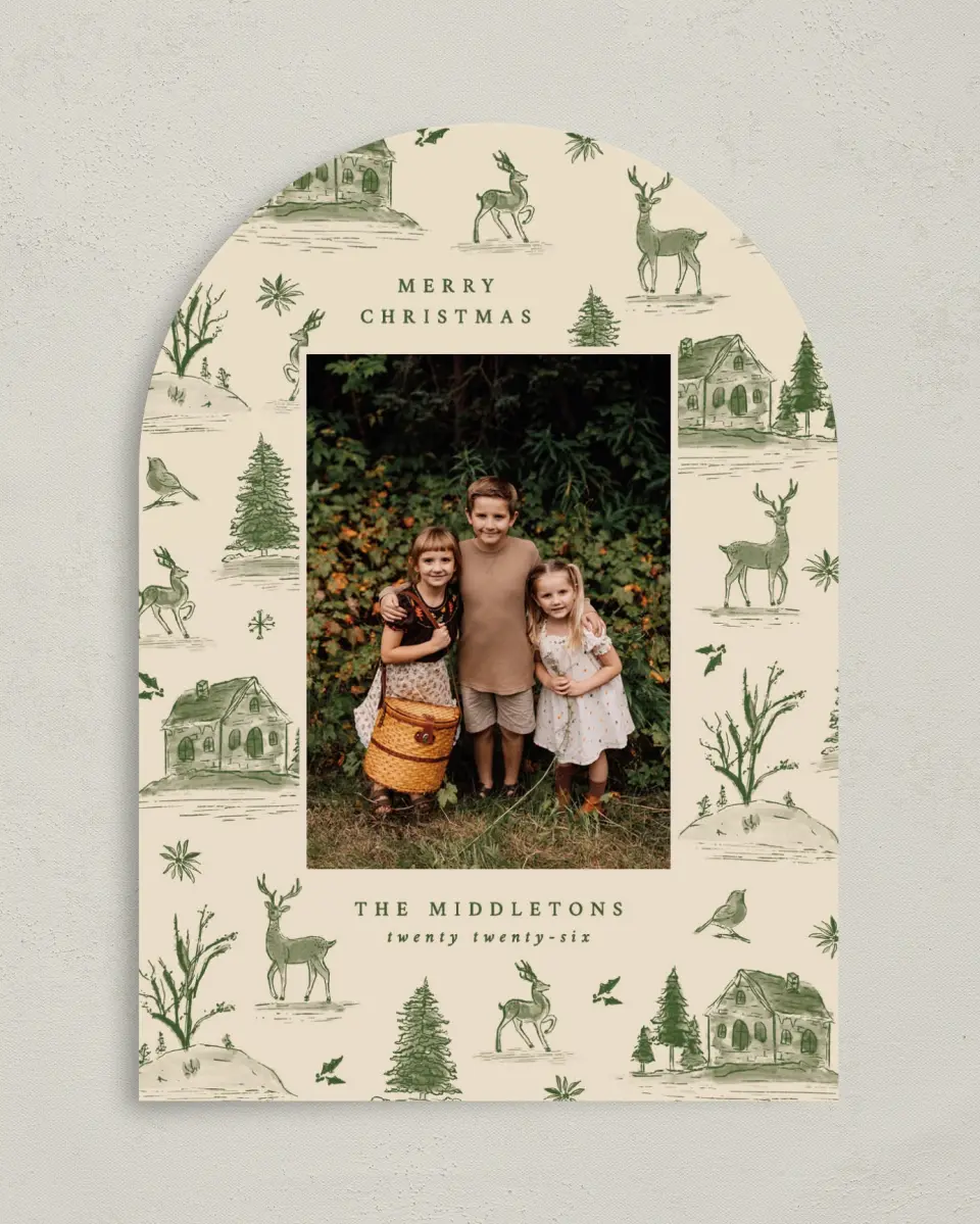 This is a 5" x 7" Christmas Card called Countryside Toile printed in full color on Premium Smooth paper