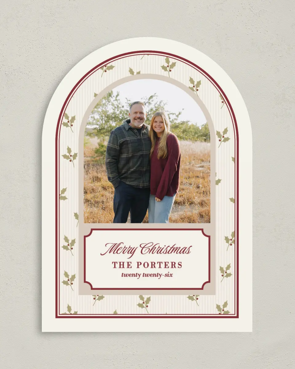 This is a 5" x 7" Christmas Card called Holly Stripe printed in full color with Rose Gold foil on Soft Suede (coated) paper