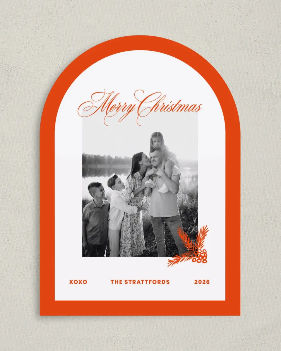 This is a 5" x 7" Christmas Card called Modern Cheer printed in full color with Gold foil on Soft Suede (coated) paper