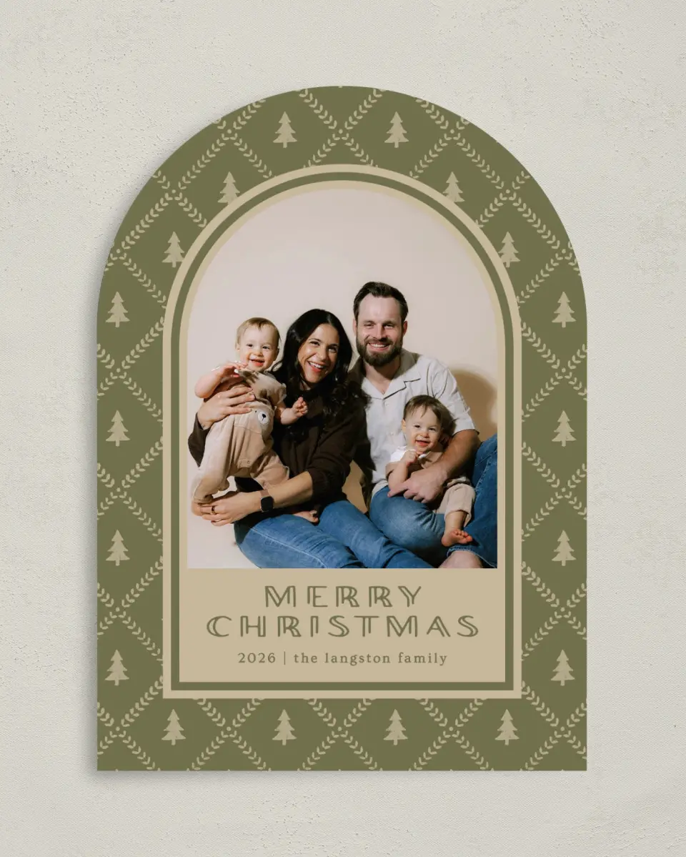 This is a 5" x 7" Christmas Card called Trees on Trees printed in full color with Gold foil on Soft Suede (coated) paper