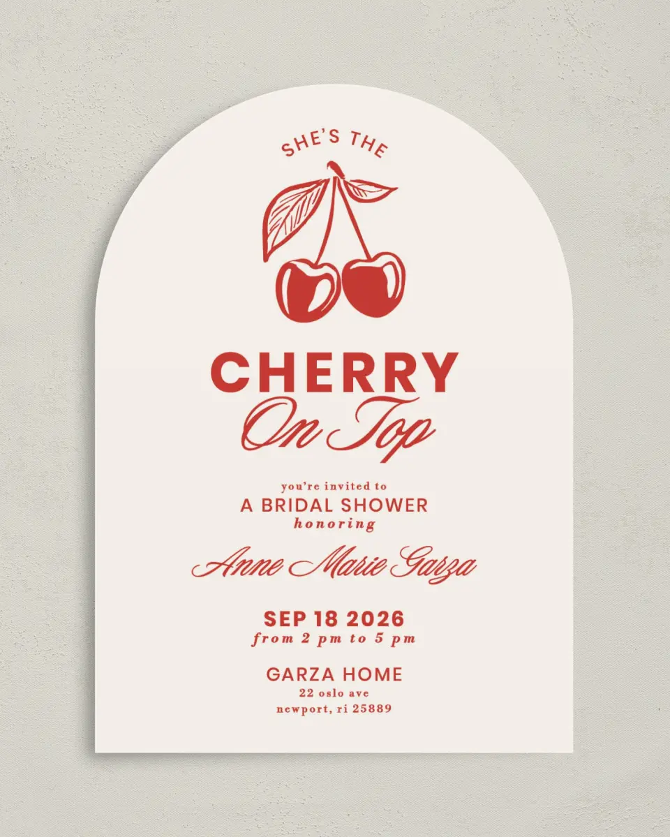 This is a 5" x 7" Bridal Shower Invitation called Cherry on Top printed in full color on Premium Smooth paper