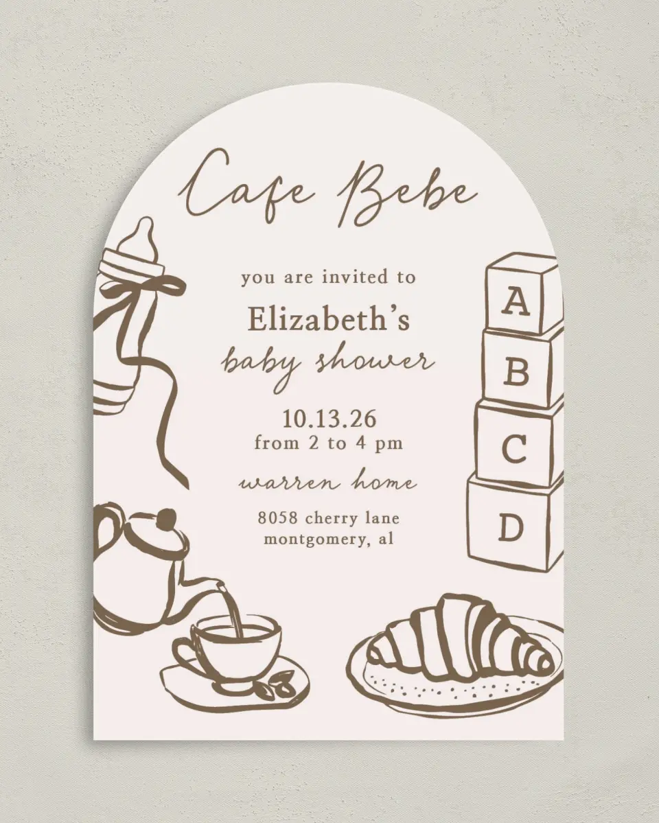 This is a 5" x 7" Baby Shower Invitation called Cafe Bebe printed in full color with Gold foil on Luxe Satin paper