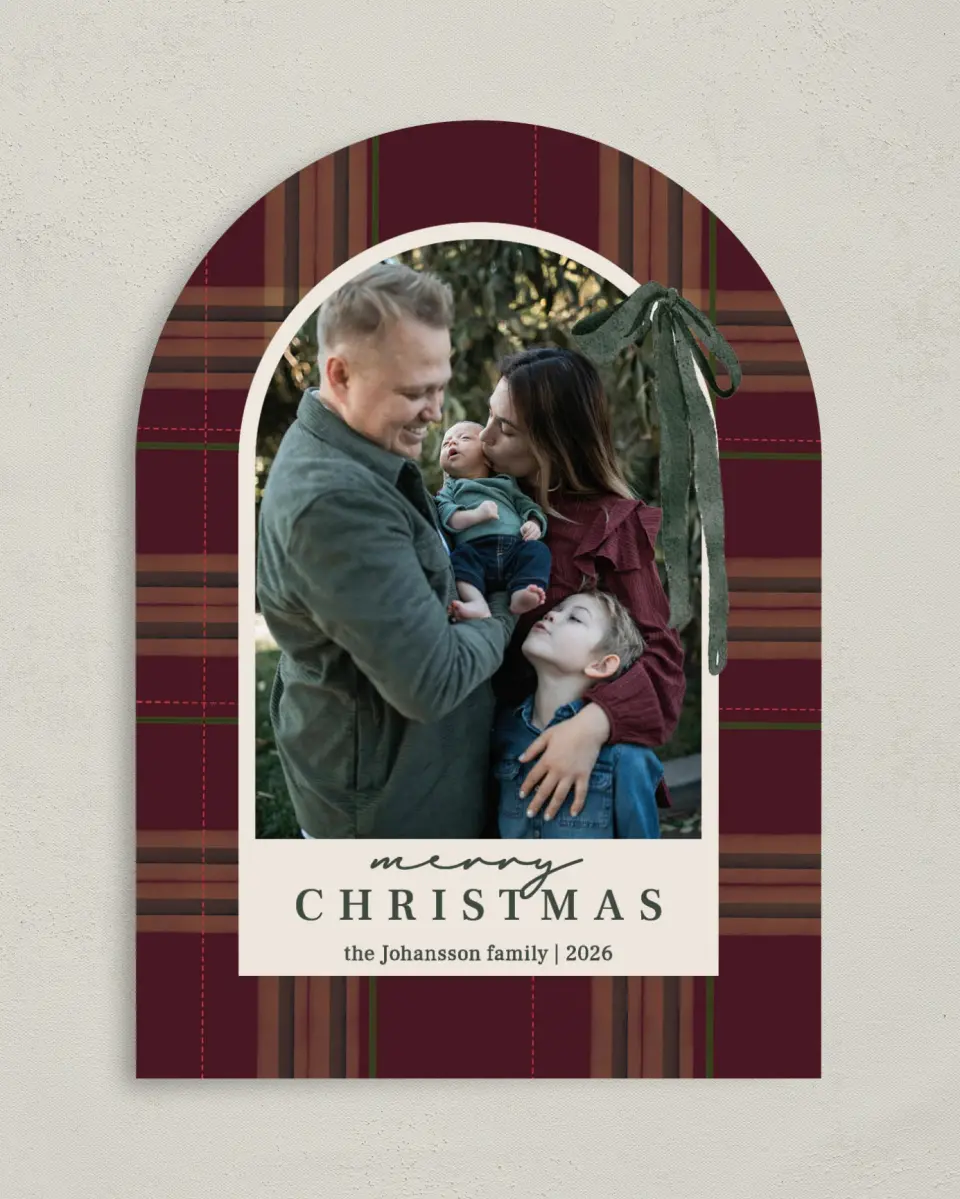 This is a 5" x 7" Christmas Card called Quiet Luxurious Plaid printed in full color on Premium Smooth paper