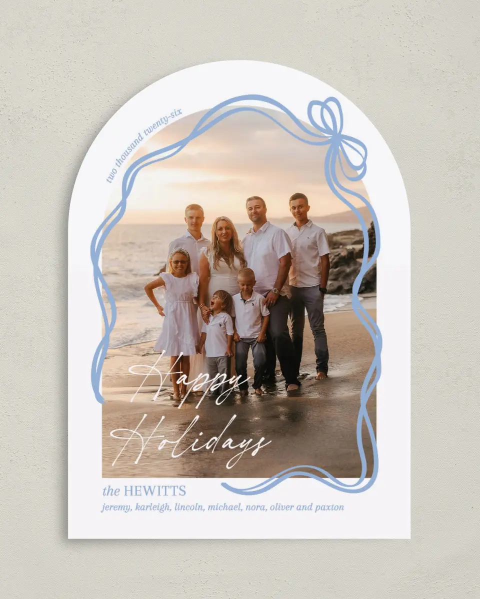 This is a 5" x 7" Christmas Card called Scribbled Ribbon printed in full color on Premium Smooth paper