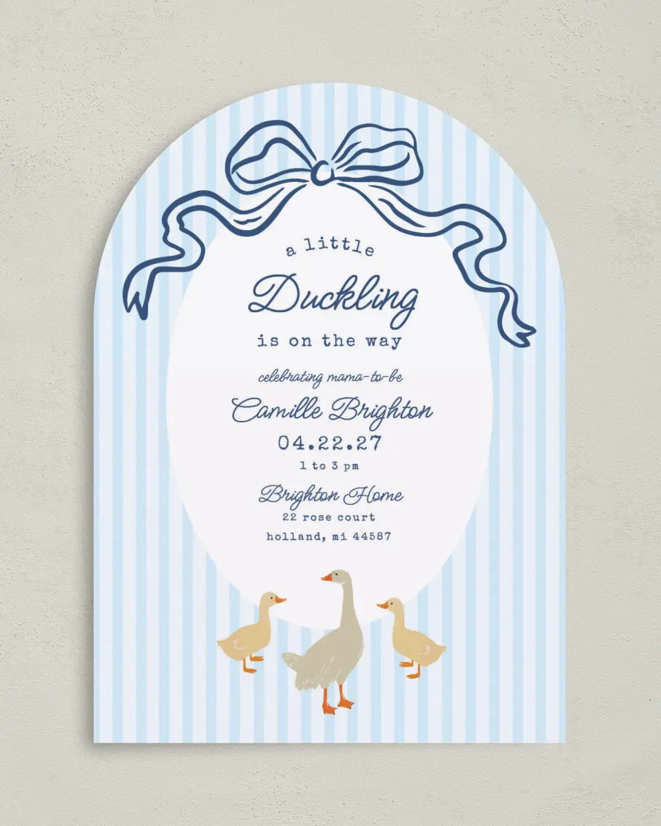 This is a 5" x 7" Baby Shower Invitation called Little Duckling printed in full color with Gold foil on Luxe Satin paper