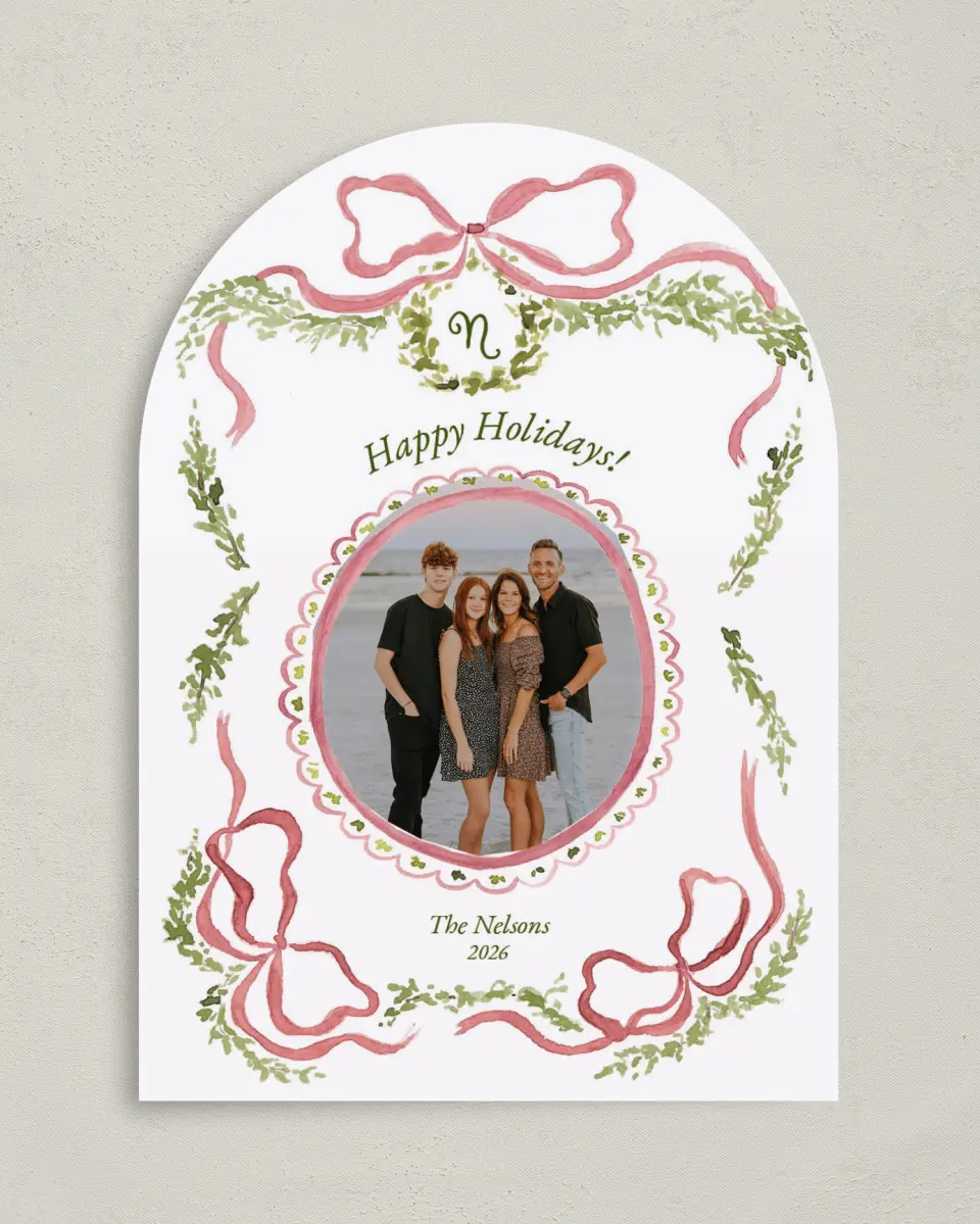 This is a 5" x 7" Christmas Card called Bows and Holly printed in full color on Premium Smooth paper