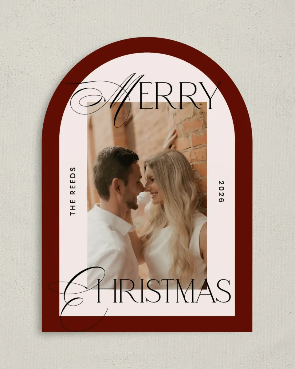 This is a 5" x 7" Christmas Card called Modern Script printed in full color with Silver foil on Soft Suede (coated) paper