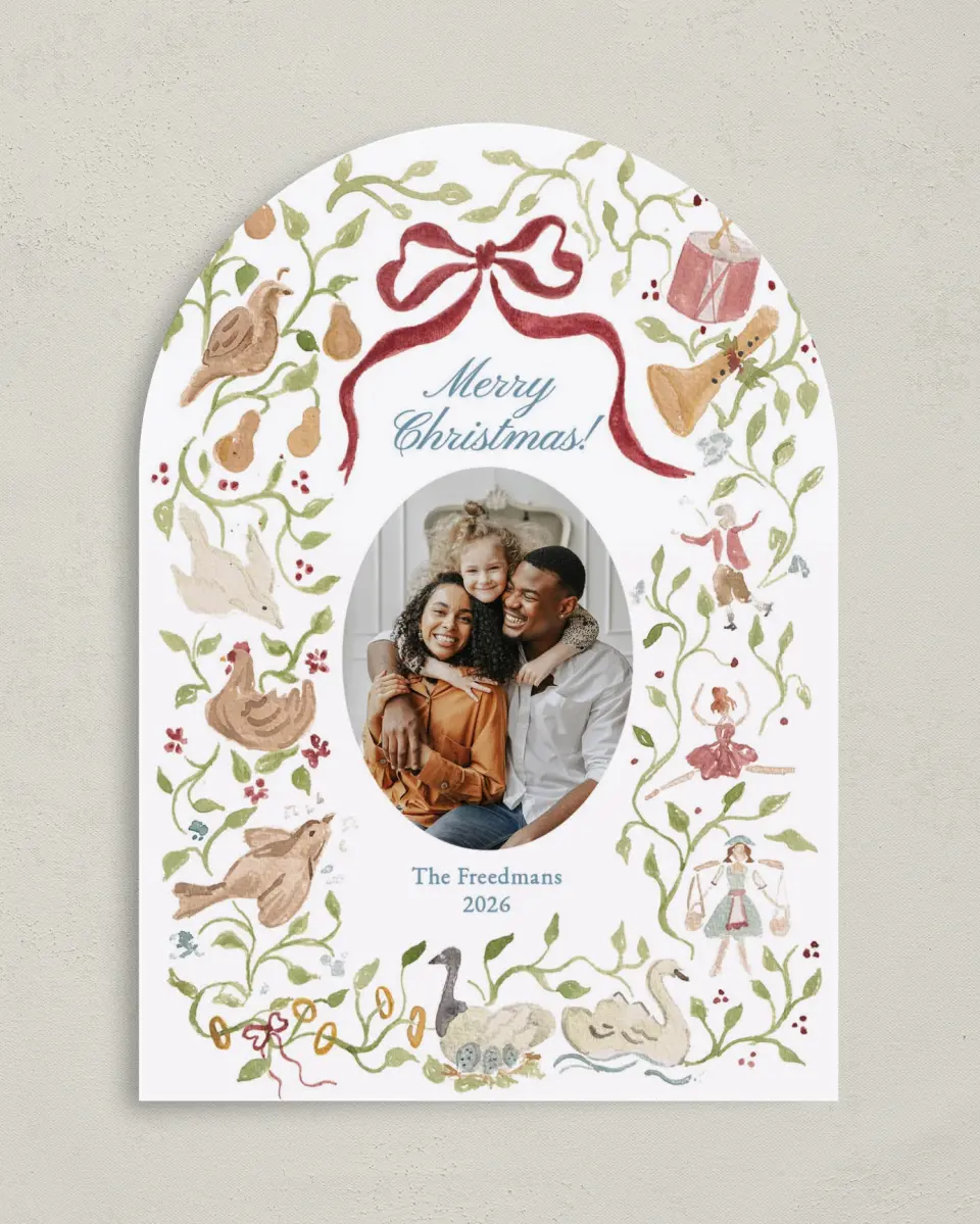 This is a 5" x 7" Christmas Card called 12 Days of Christmas printed in full color with Gold foil on Soft Suede (coated) paper