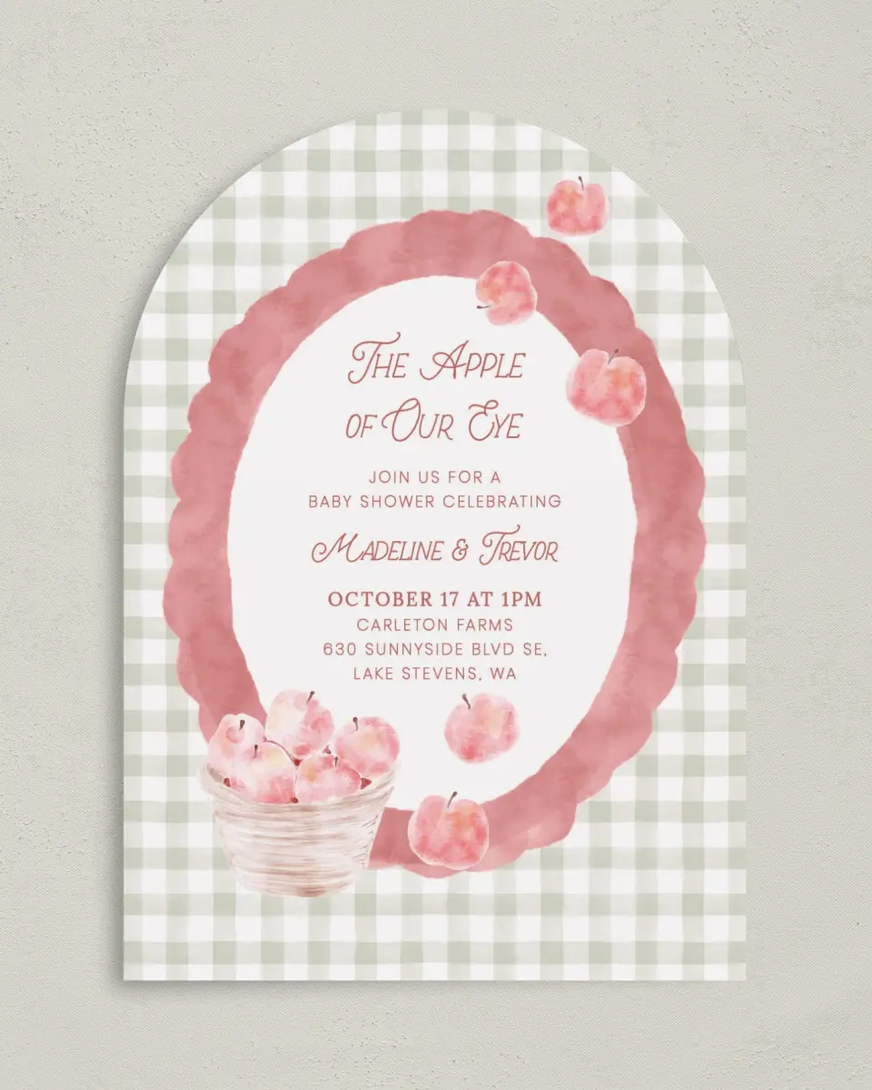 This is a 5" x 7" Baby Shower Invitation called Apple of Our Eye printed in full color on Premium Smooth paper