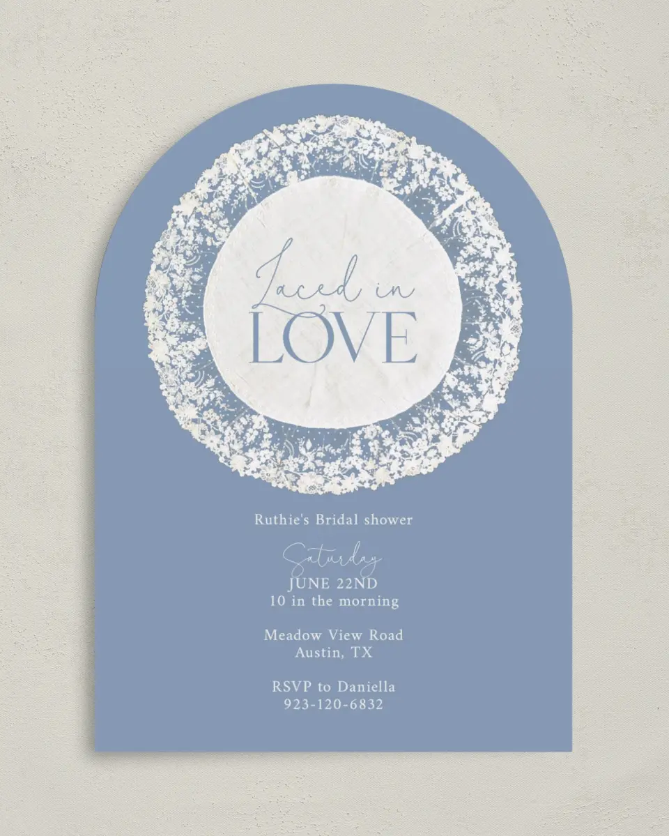 This is a 5" x 7" Bridal Shower Invitation called Laced in Love printed in full color on Premium Smooth paper
