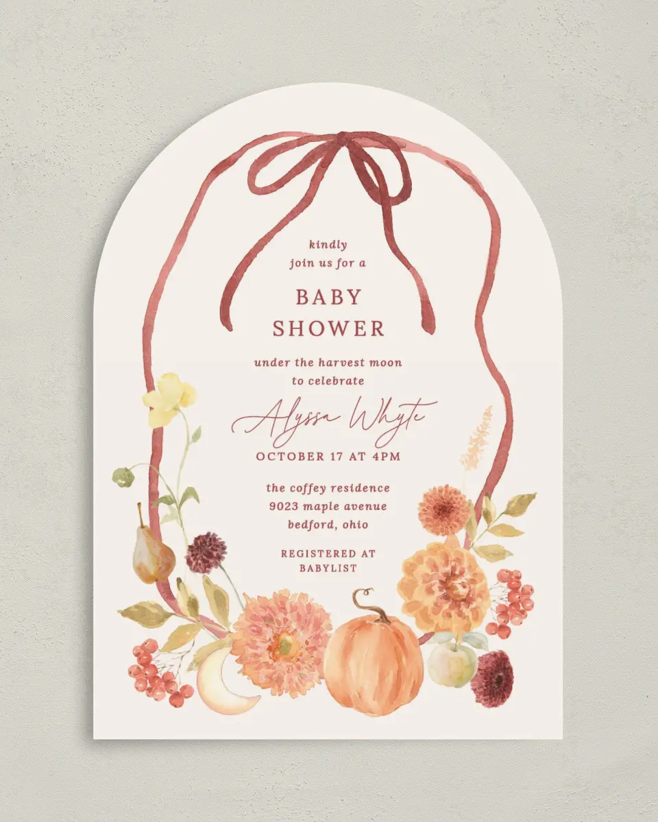 This is a 5" x 7" Baby Shower Invitation called Harvest Moon printed in full color with Gold foil on Luxe Satin paper