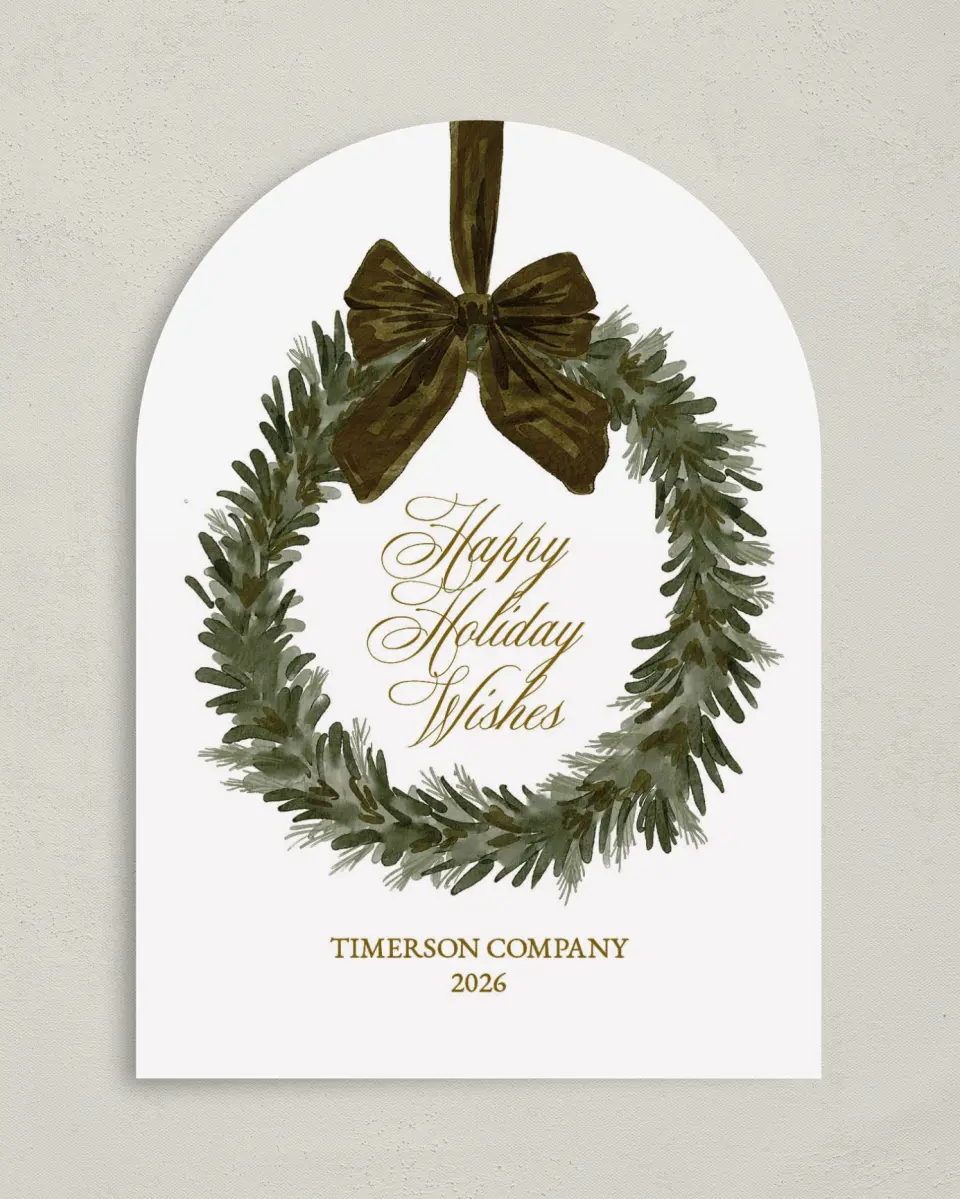 This is a 5" x 7" Christmas Card called Company Wreath printed in full color on Premium Smooth paper