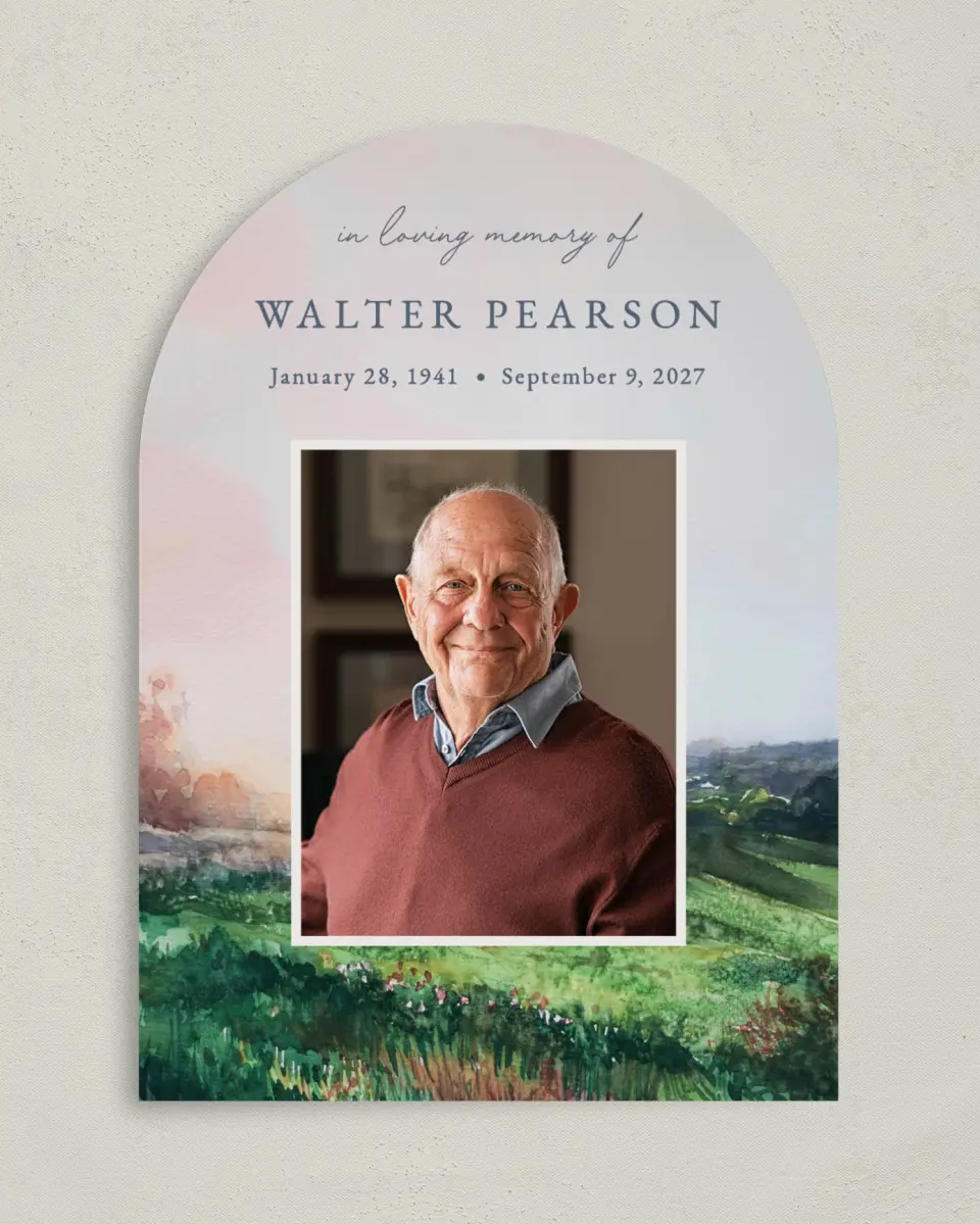 This is a 5" x 7" Memorial Card called Peaceful Horizon printed in full color with Gold foil on Luxe Satin paper