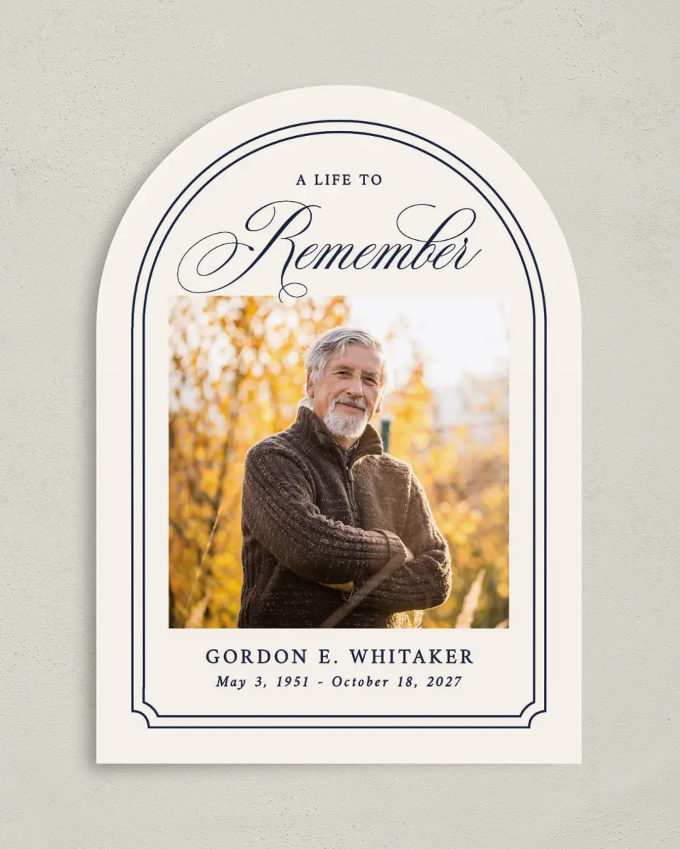 This is a 5" x 7" Memorial Card called Framed Remembrance printed in full color with Silver foil on Luxe Satin paper