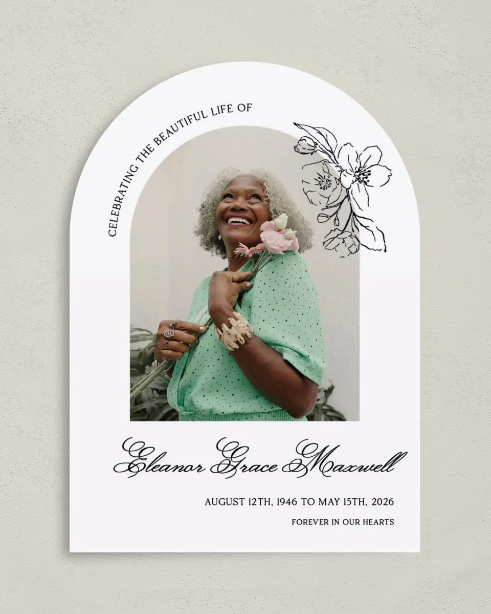 This is a 5" x 7" Memorial Card called Peaceful Petals printed in full color with Silver foil on Luxe Satin paper