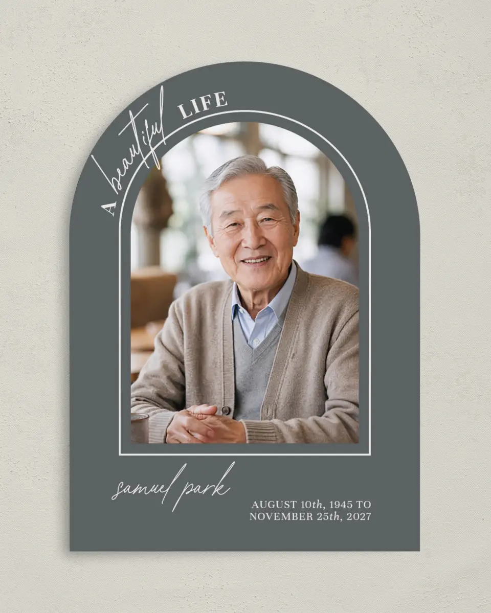 This is a 5" x 7" Memorial Card called Remembered Forever printed in full color with Silver foil on Luxe Satin paper