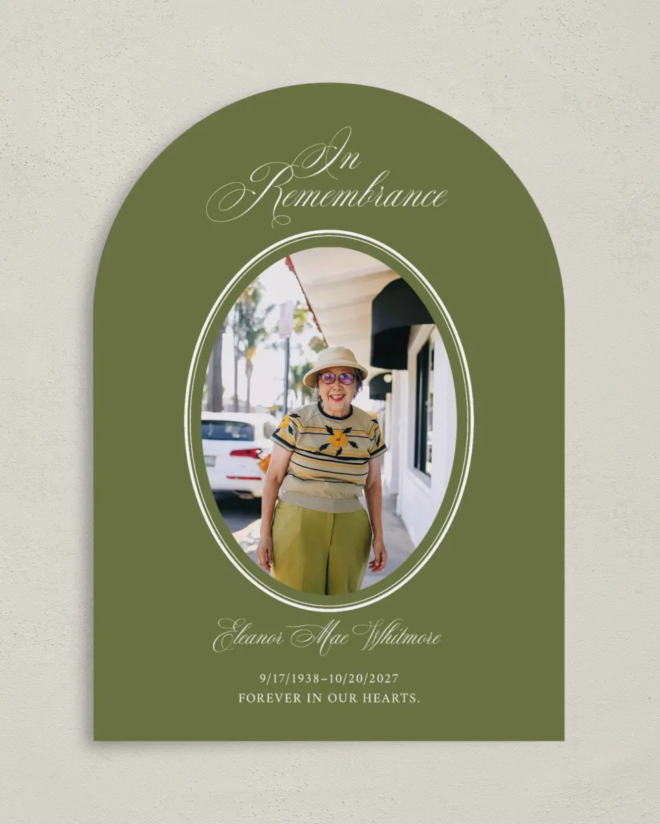 This is a 5" x 7" Memorial Card called In Remembrance printed in full color with Silver foil on Luxe Satin paper