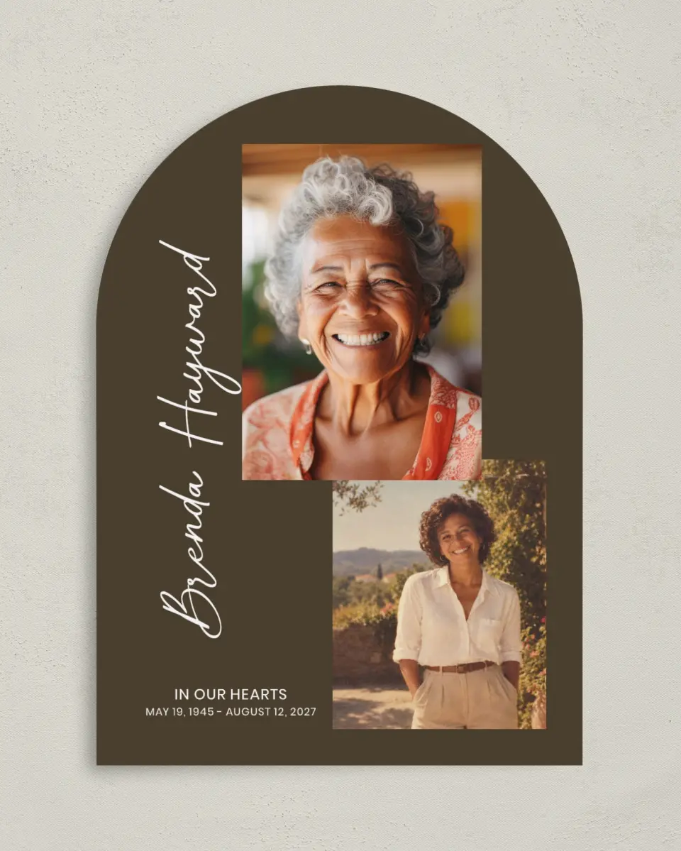 This is a 5" x 7" Memorial Card called In Our Hearts printed in full color with Rose Gold foil on Luxe Satin paper