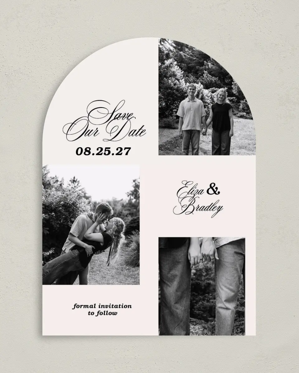 This is a 5" x 7" Arch Save the Date called Loving You printed in full color on Premium Smooth paper