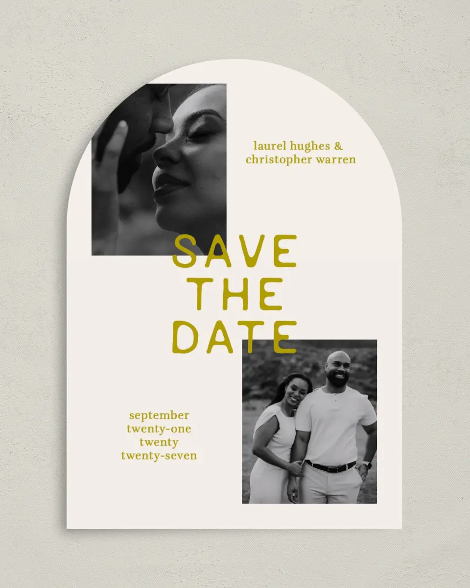 This is a 5" x 7" Arch Save the Date called Bright Love printed in full color on Premium Smooth paper