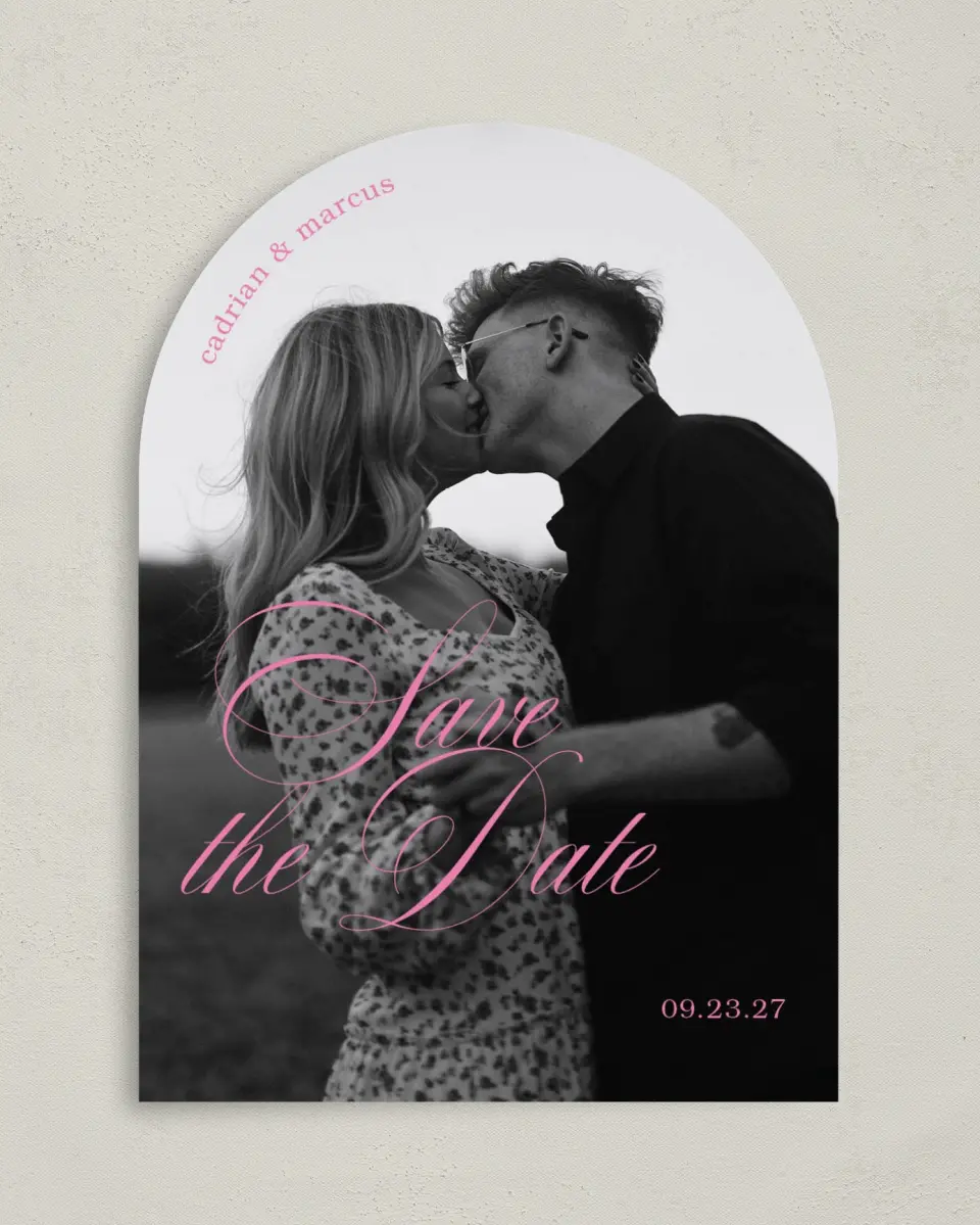 This is a 5" x 7" Arch Save the Date called Sweet Embrace printed in full color with Rose Gold foil on Luxe Satin paper