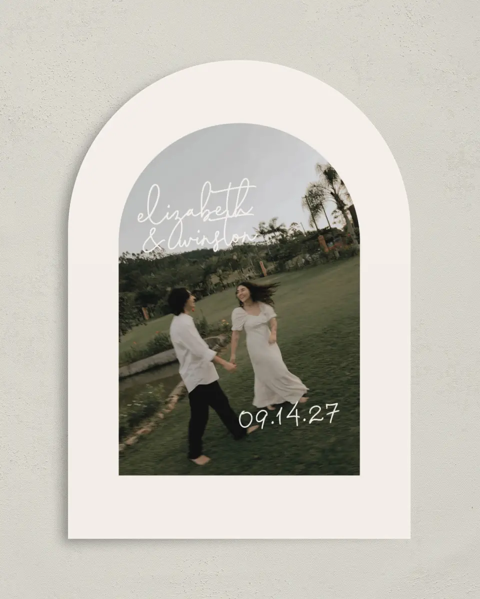 This is a 5" x 7" Arch Save the Date called Chasing Love printed in full color on Premium Smooth paper