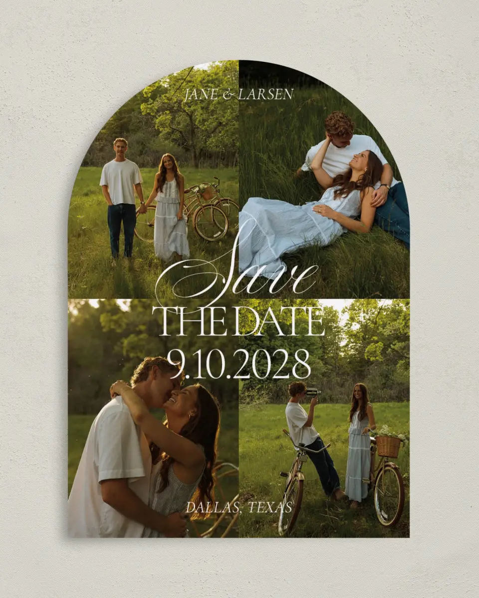 This is a 5" x 7" Arch Save the Date called Golden Hour printed in full color with Rose Gold foil on Luxe Satin paper