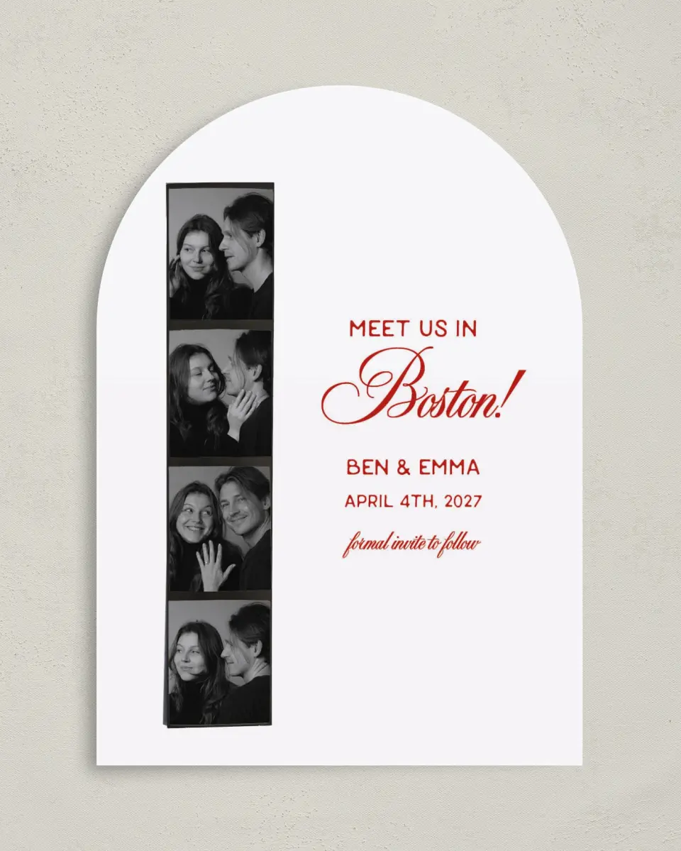 This is a 5" x 7" Arch Save the Date called Retro Film Strip printed in full color on Premium Smooth paper