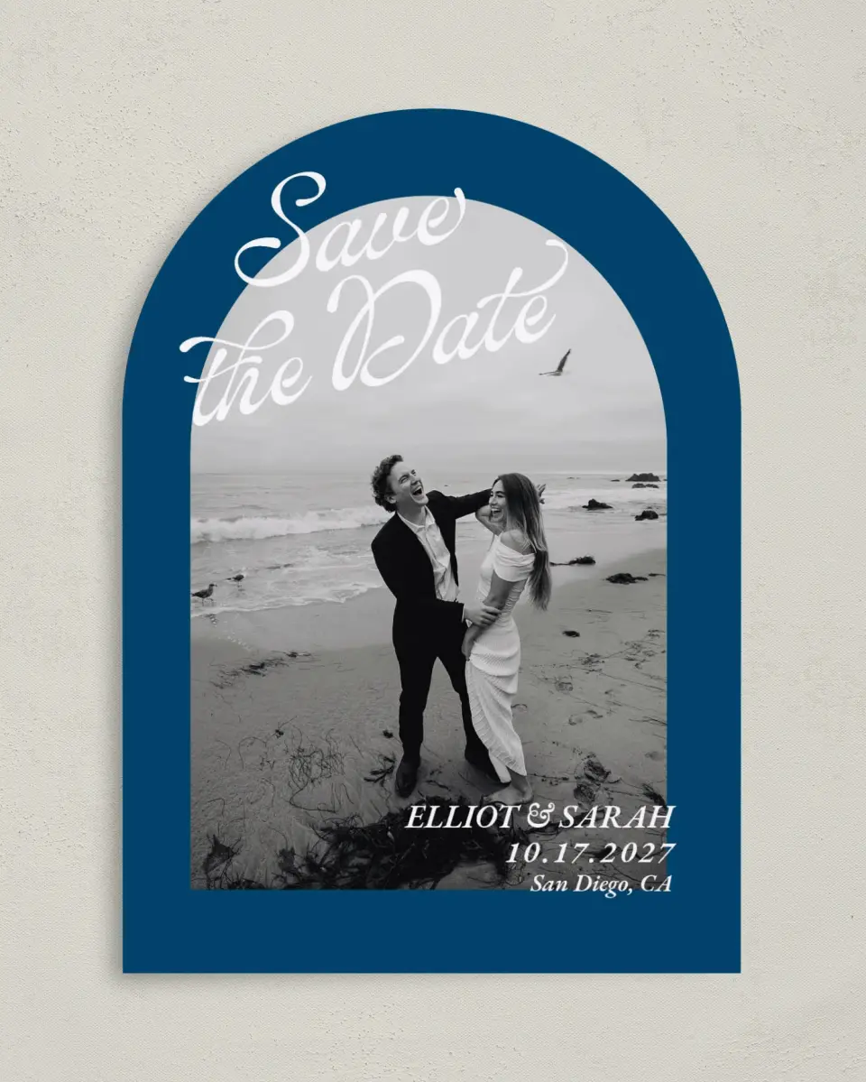 This is a 5" x 7" Arch Save the Date called Blue Hour printed in full color with Gold foil on Luxe Satin paper