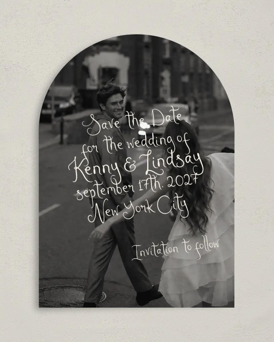 This is a 5" x 7" Arch Save the Date called Handwritten Editorial printed in full color on Premium Smooth paper