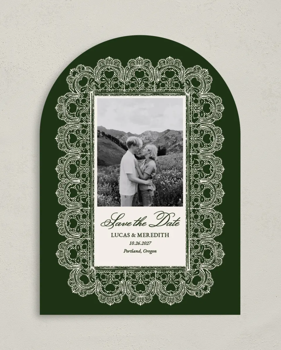 This is a 5" x 7" Arch Save the Date called Lace Border printed in full color on Premium Smooth paper