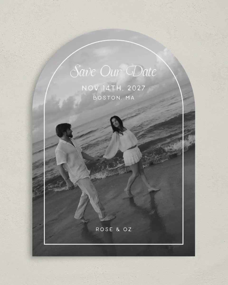 This is a 5" x 7" Arch Save the Date called The Rosemary printed in full color with Gold foil on Luxe Satin paper