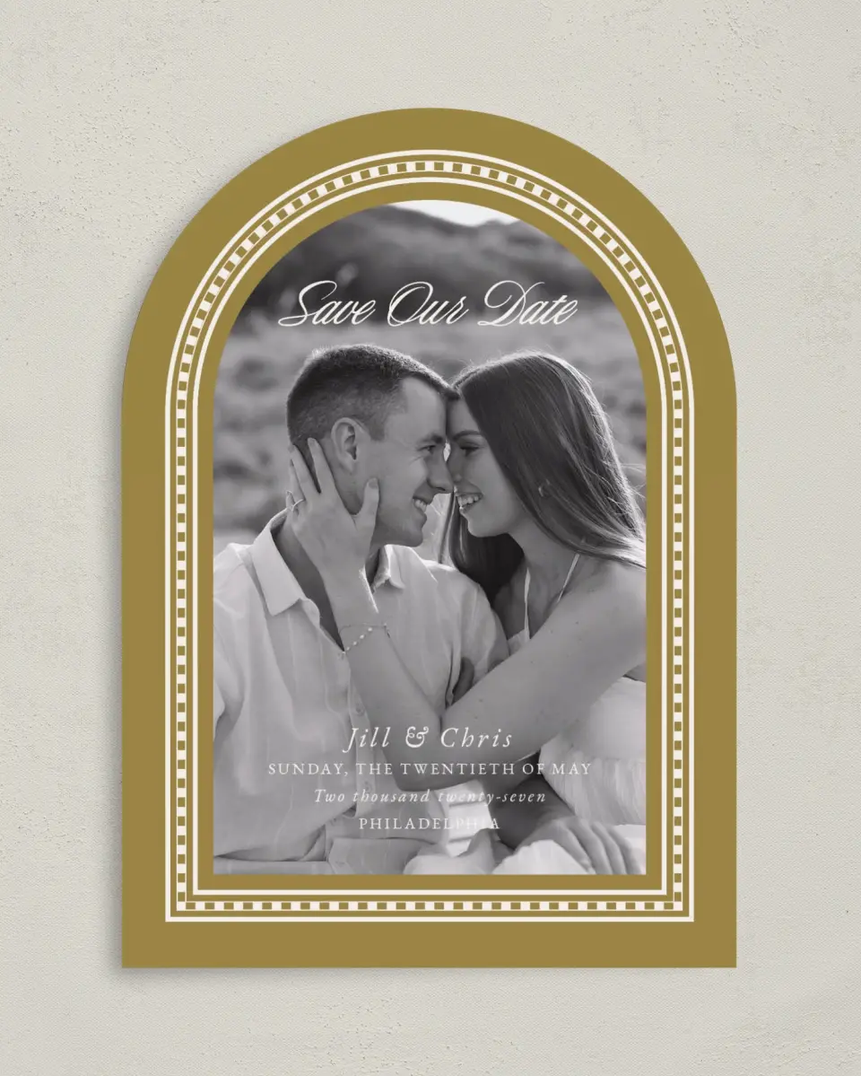This is a 5" x 7" Arch Save the Date called The Jillian printed in full color on Premium Smooth paper