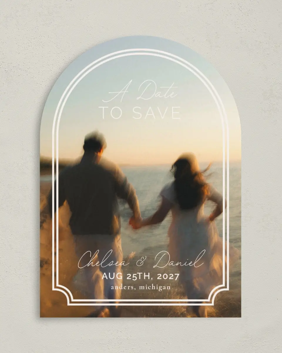 This is a 5" x 7" Arch Save the Date called The Chelsea printed in full color with Gold foil on Luxe Satin paper
