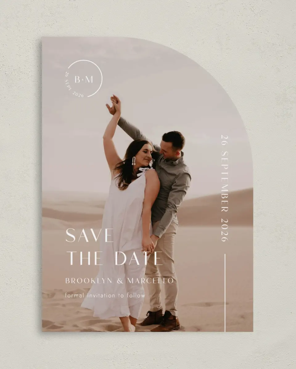 This is a 5" x 7" Save the Date Card called The Brooklyn printed in full color on Premium Smooth paper