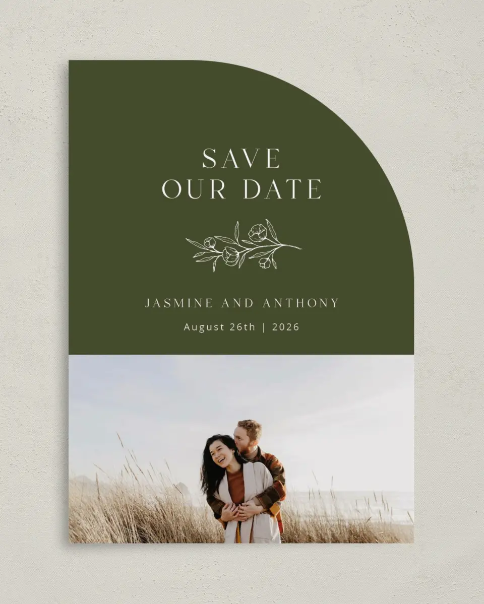 This is a 5" x 7" Save the Date Card called The Jasmine printed in full color on Premium Smooth paper