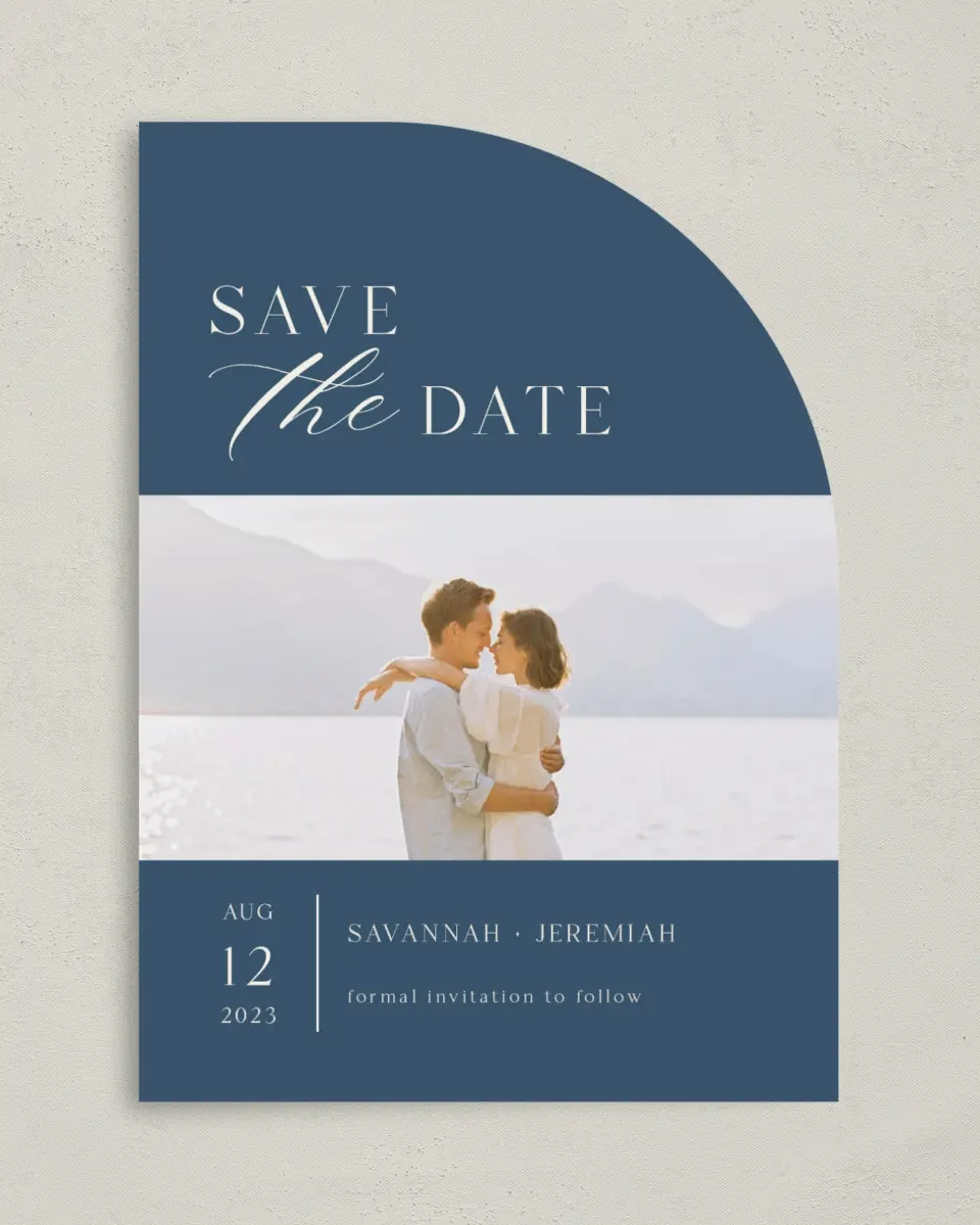 This is a 5" x 7" Save the Date Card called The Savannah printed in full color on Premium Smooth paper