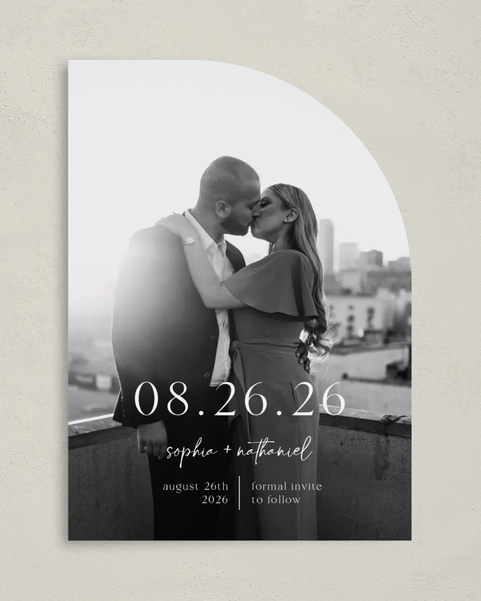 This is a 5" x 7" Save the Date Card called The Sophia printed in full color on Premium Smooth paper