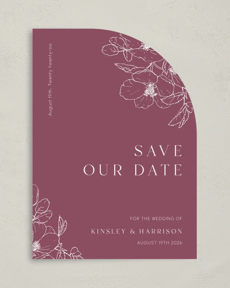 This is a 5" x 7" Save the Date Card called The Kinsley printed in full color with Gold foil on Luxe Satin (coated) paper