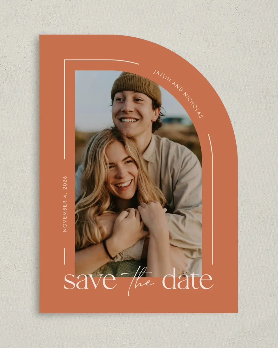 This is a 5" x 7" Save the Date Card called The Jaylin printed in full color on Premium Smooth paper