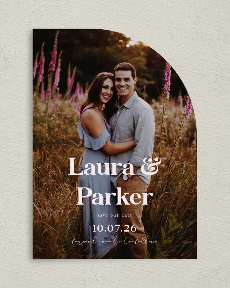 This is a 5" x 7" Save the Date Card called The Laura printed in full color on Premium Smooth paper